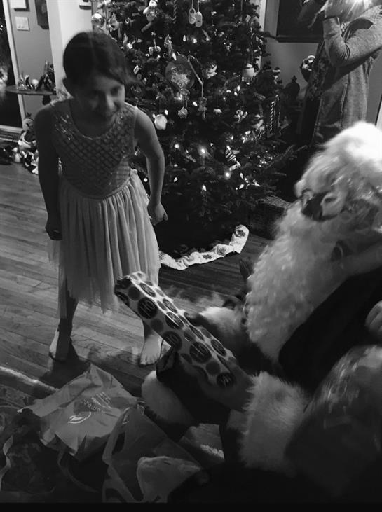 A girl in a dress and santa claus next to a christmas tree