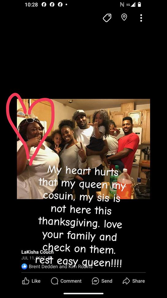 Six family members express love and support for absent relatives during Thanksgiving.
