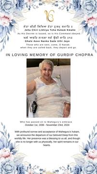 Family and friends gather to honor Gurdip Chopra's life and share cherished memories together.