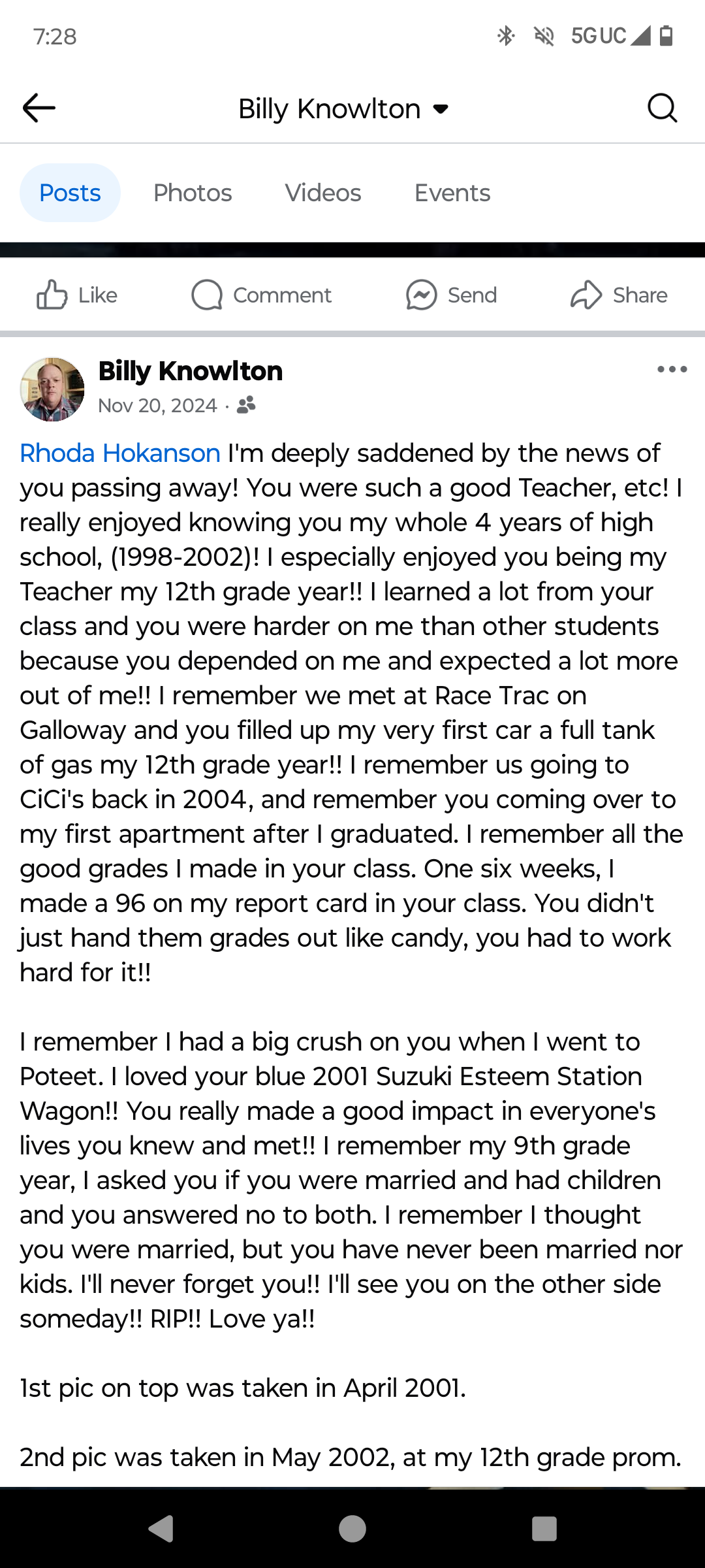 A heartfelt message expresses sadness about the loss of a beloved teacher and fond memories.