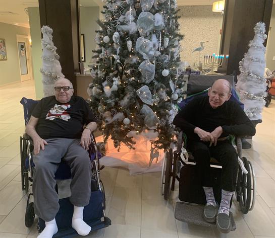 Two men in wheelchairs relax beside a beautiful Christmas tree in a care facility.
