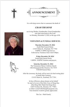 Family announcement: Cham Thi Dinh has passed; details on visitation and service included.