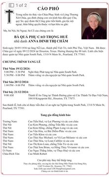 A memorial notice detailing the service for Anna Dinh Thi Cham in South Park, Texas.