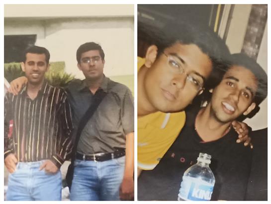 Two friends pose together, showing camaraderie and shared memories from their past.