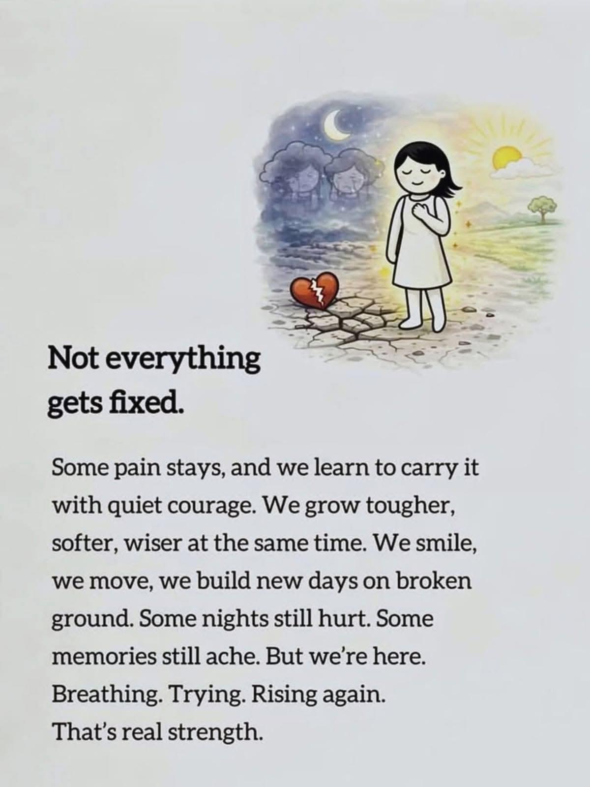 A cartoon girl standing on cracked ground with text