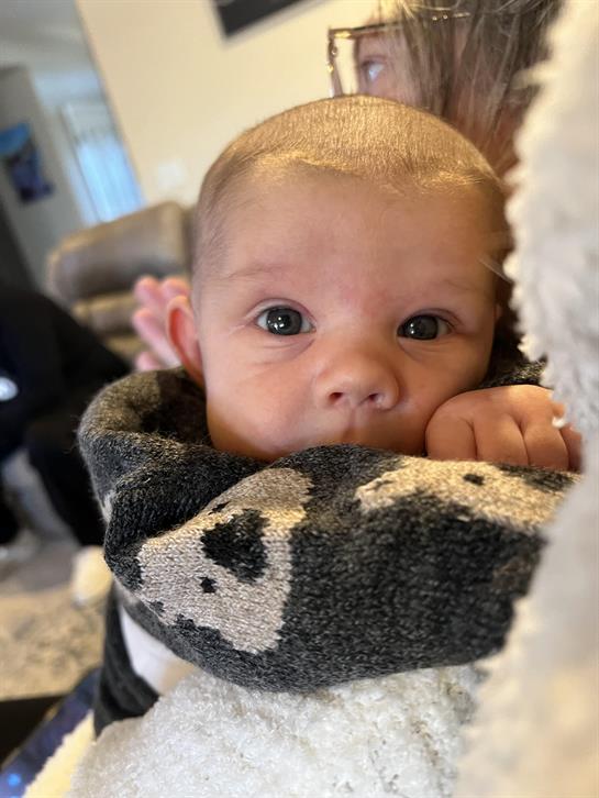 A baby gazes intently with wide eyes, being cradled comfortably in someone's arms.