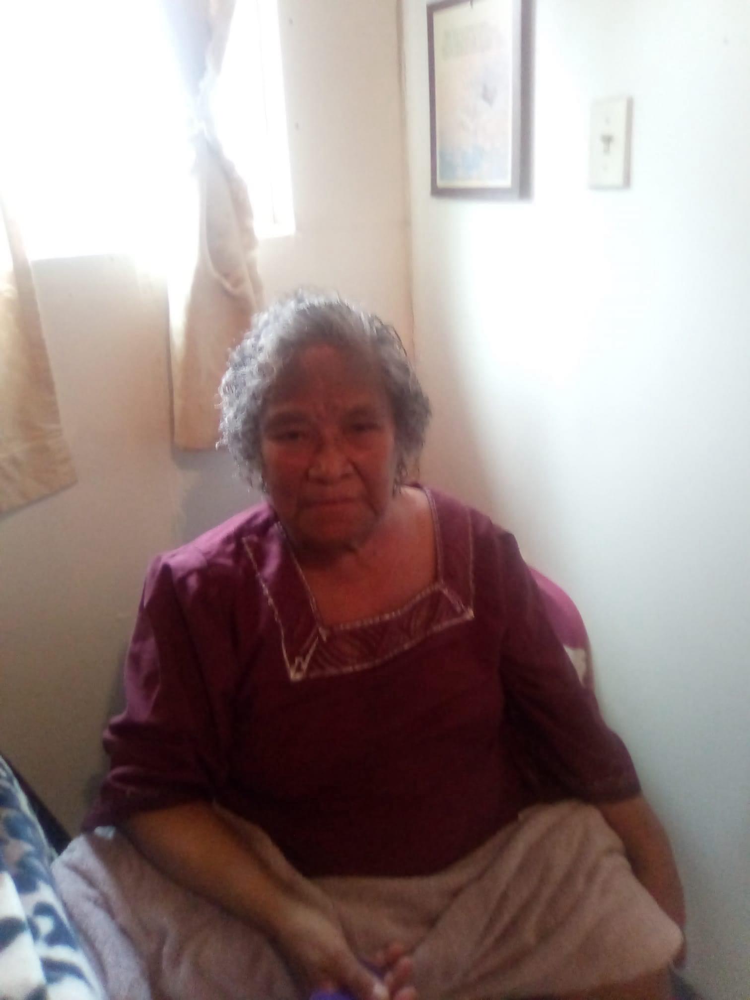 An elderly woman sits comfortably in a room, basking in gentle sunlight, lost in thought.