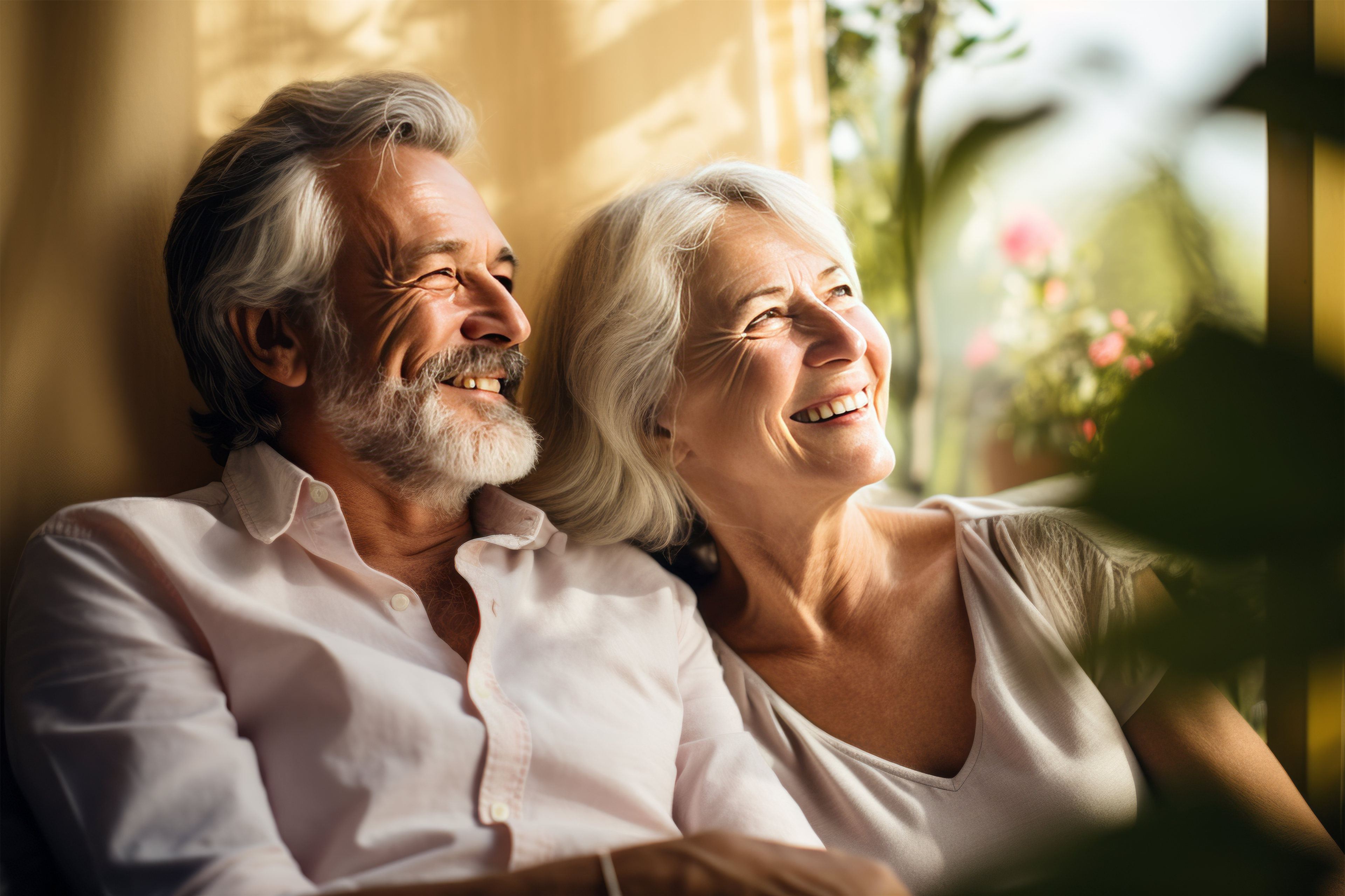 Happy couple relaxes in a bright room surrounded by greenery, sharing smiles and laughter.