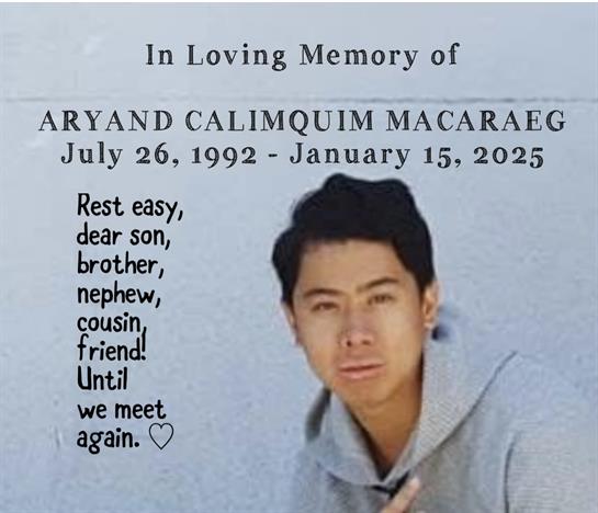 A memorial card commemorating Aryand with loving messages from family and friends.