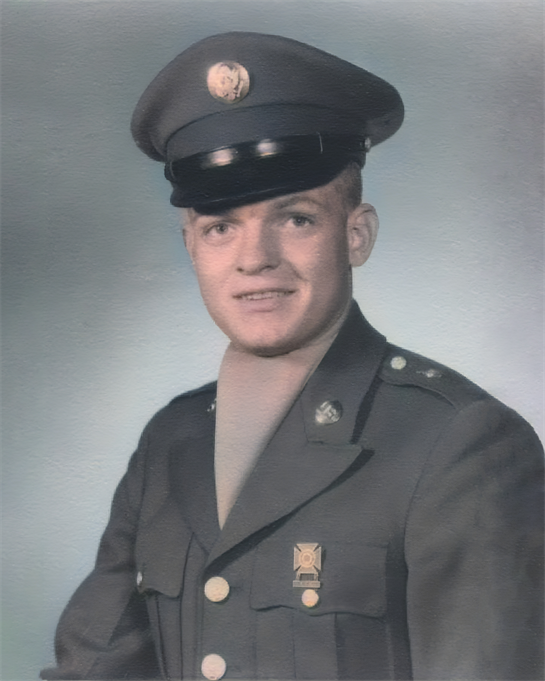 Soldier smiles confidently while dressed in military uniform from the mid-1900s.