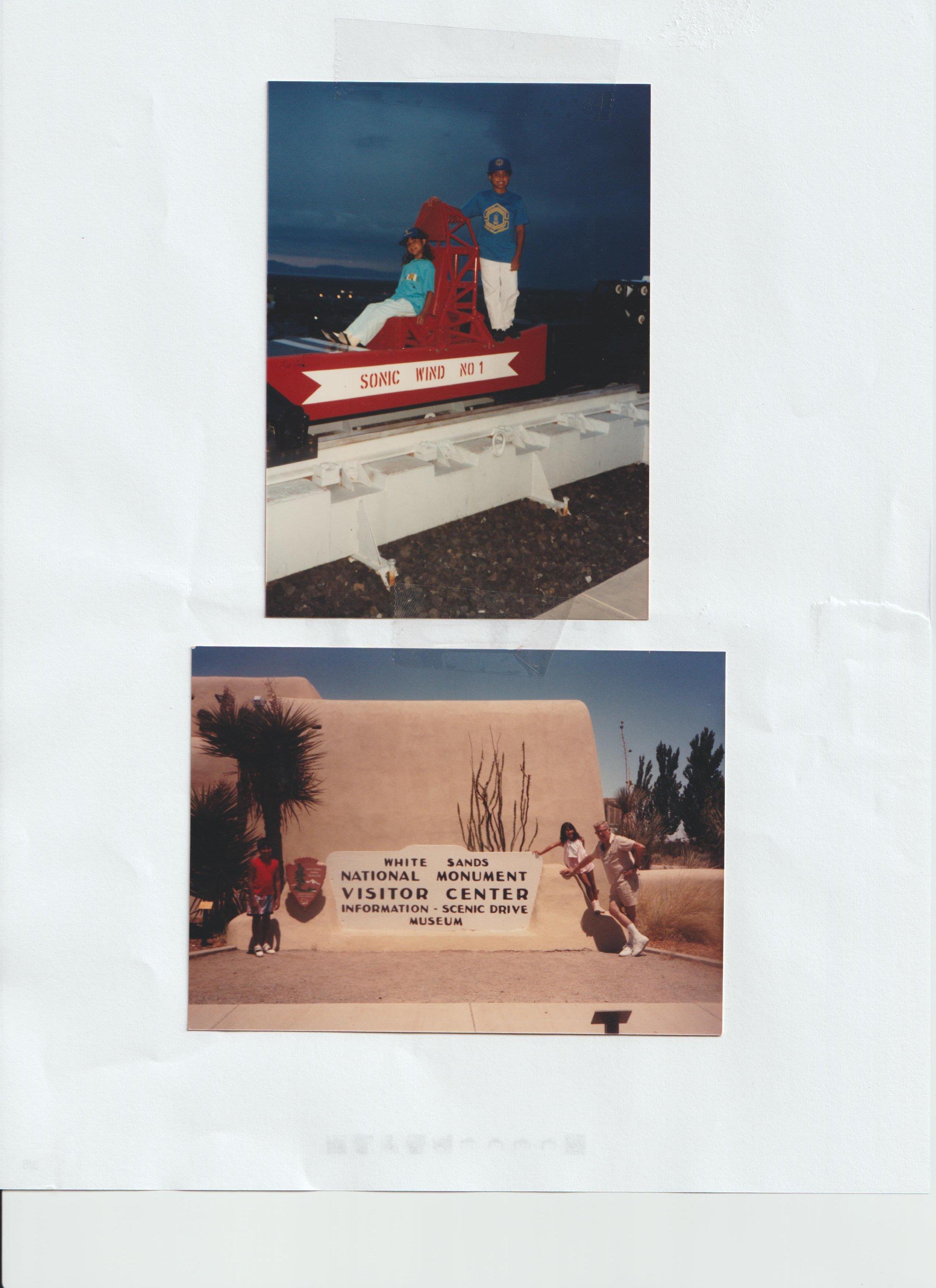 Two groups of people engaging in fun activities at an amusement location and a national monument.