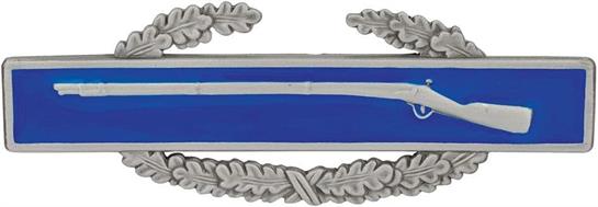 A prestigious marksmanship award showcases a blue background with a detailed rifle design.
