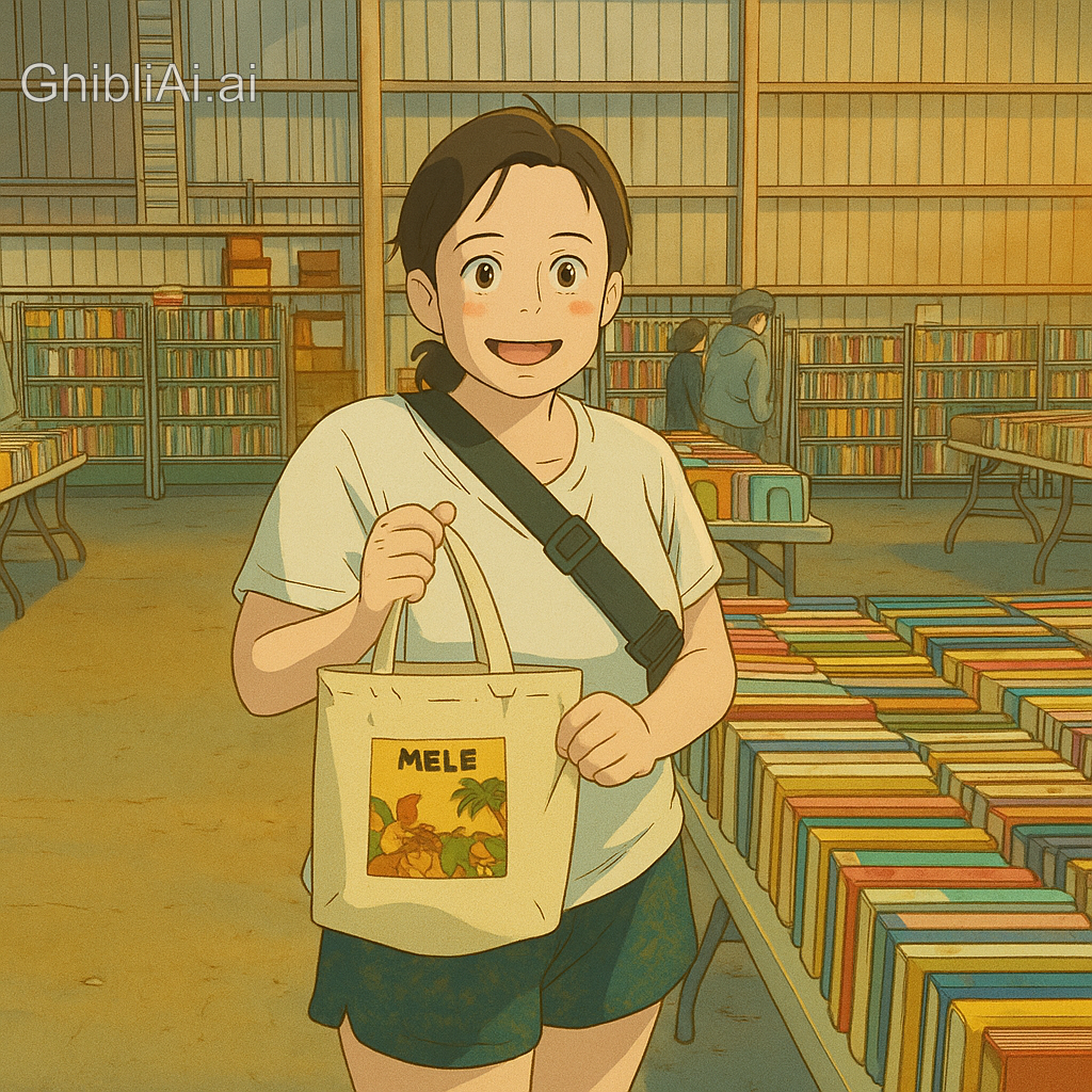 Girl enjoys her time in a library, holding a tote bag and exploring the vibrant book collection.