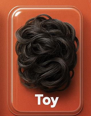 A curly toy hairpiece stands out against a vibrant orange background, highlighting its playfulness.