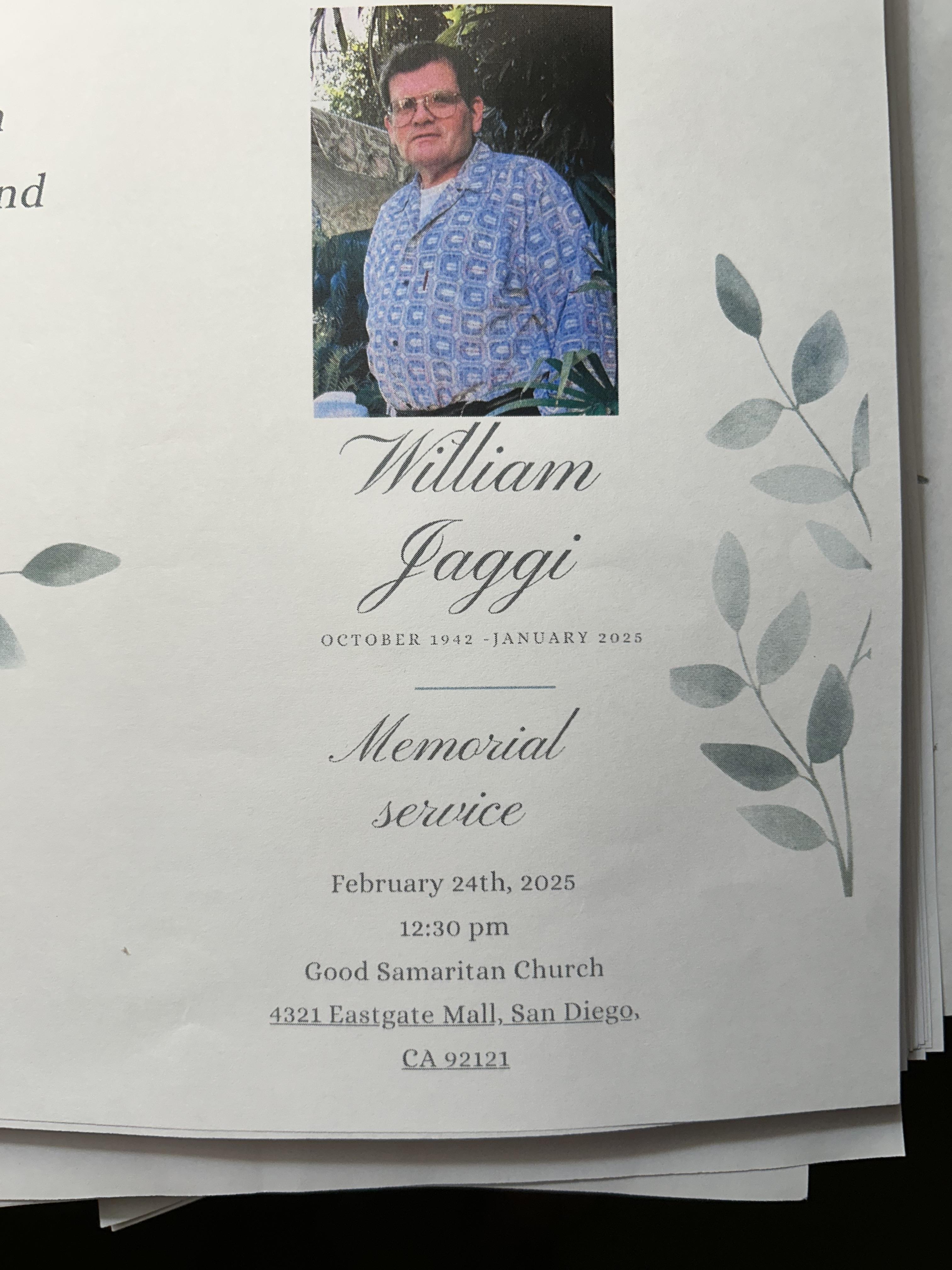 Loved ones gather in San Diego to honor William Jaggi's life at a heartfelt memorial.