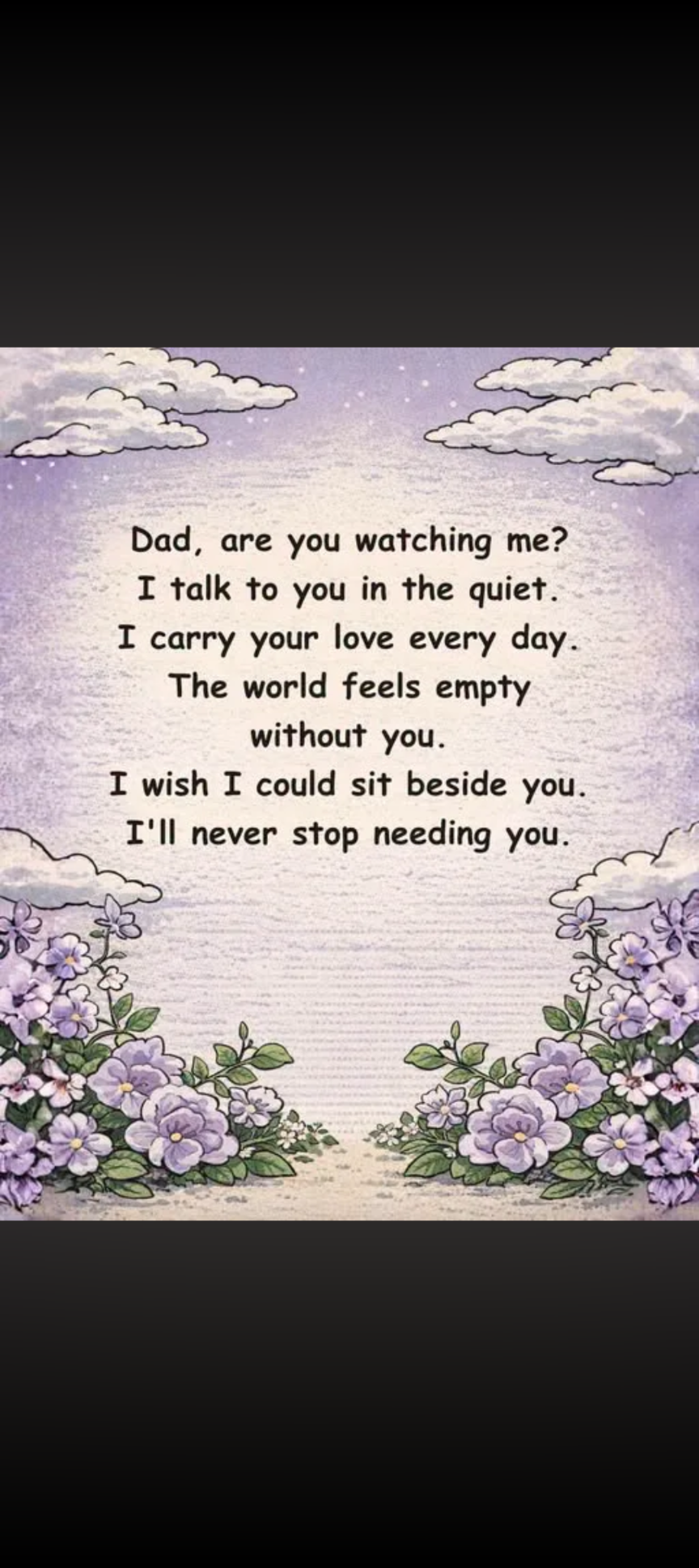 A purple and white card with text and flowers