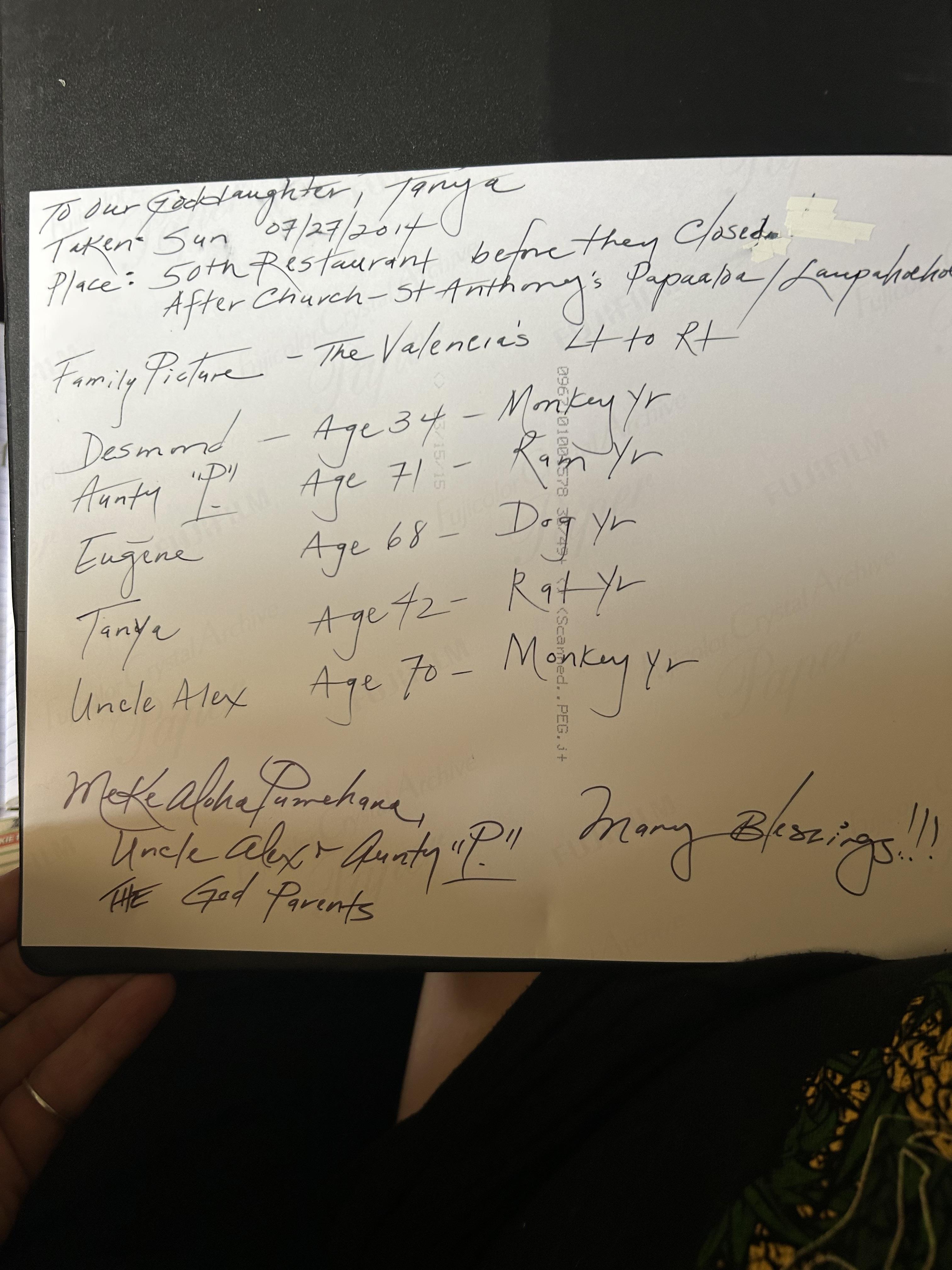 Guests share a meal at a restaurant, noting names and ages creatively on paper.