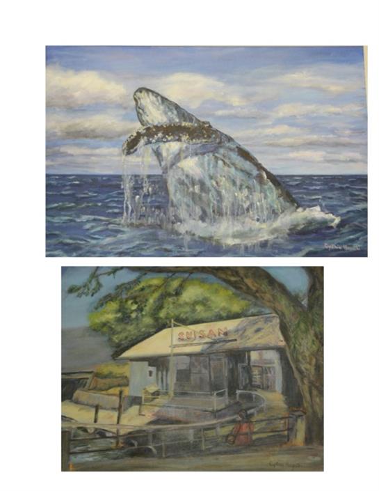 Two paintings display a whale breaching in the ocean and a quaint coastal building under a tree.
