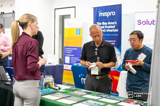 Professionals network at a tech hub, excitedly discussing industry innovations.