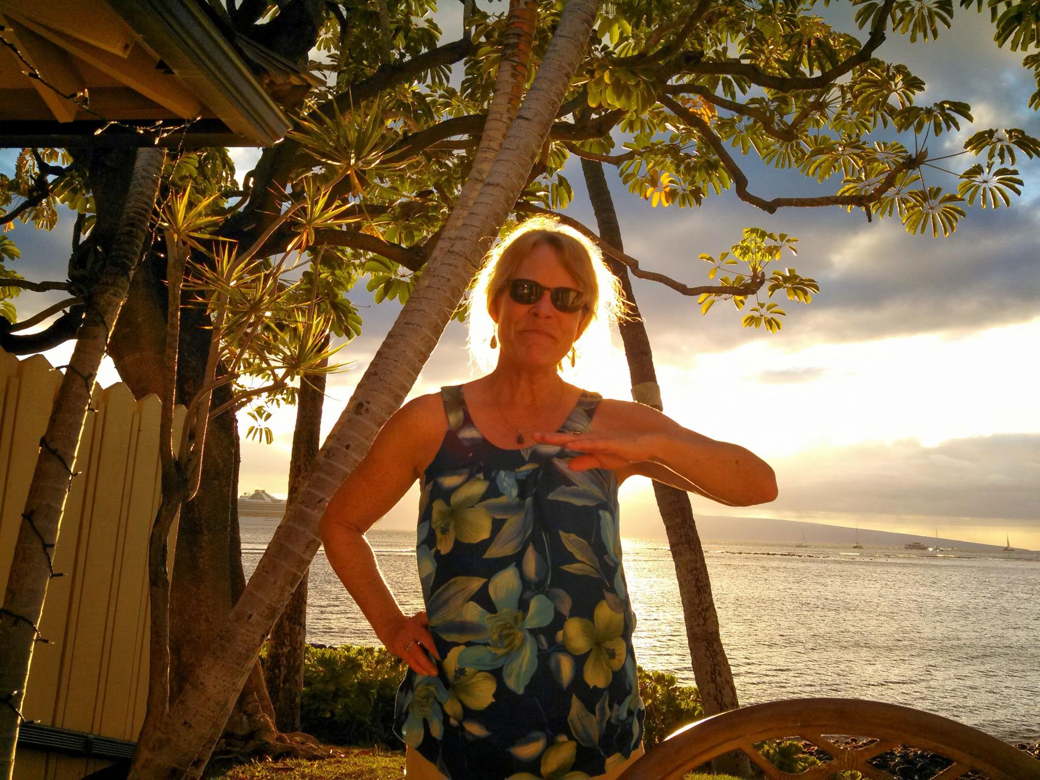 A person stands by the water, enjoying the sunset and a tropical atmosphere in Hawaii.