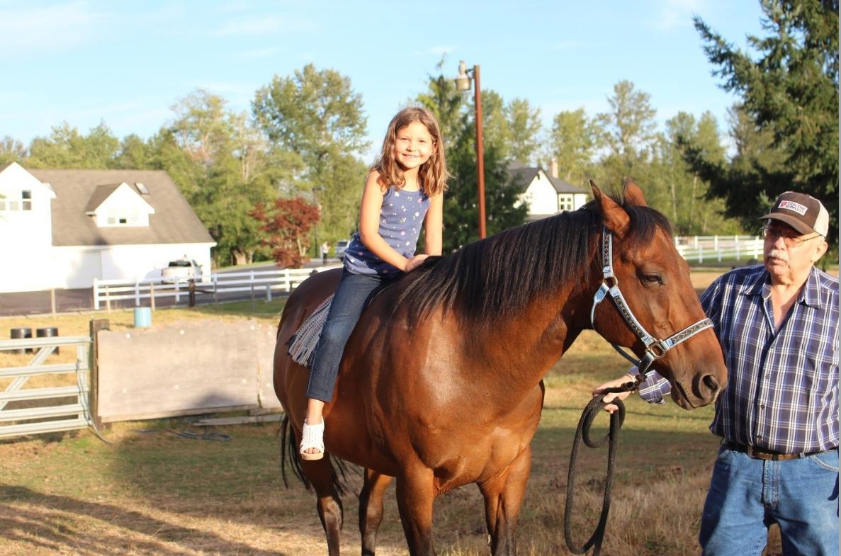 A young girl rides a brown horse while an adult holds the reins in a green field.