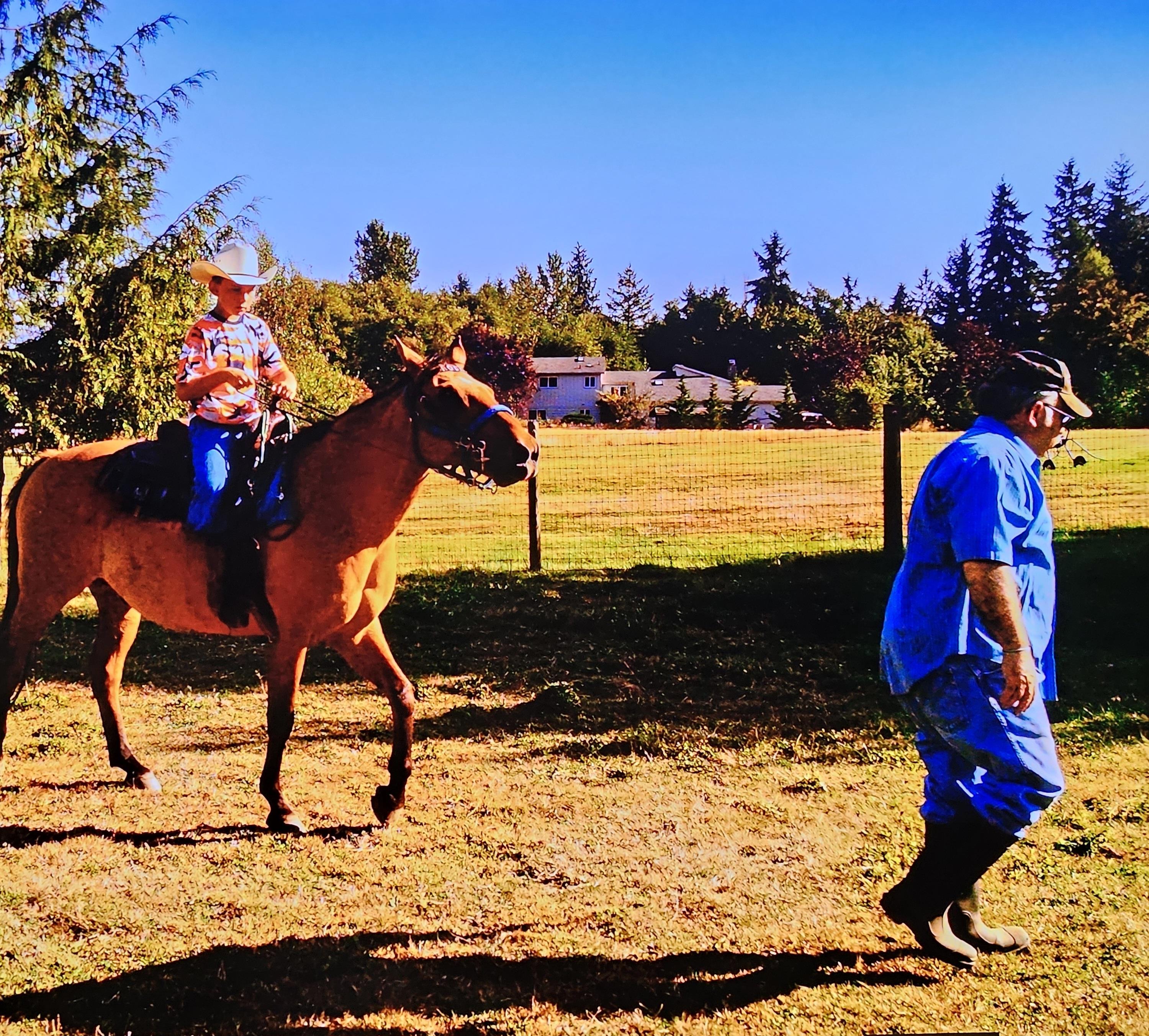Child rides a horse while a guide walks alongside in a bright, open field with trees.