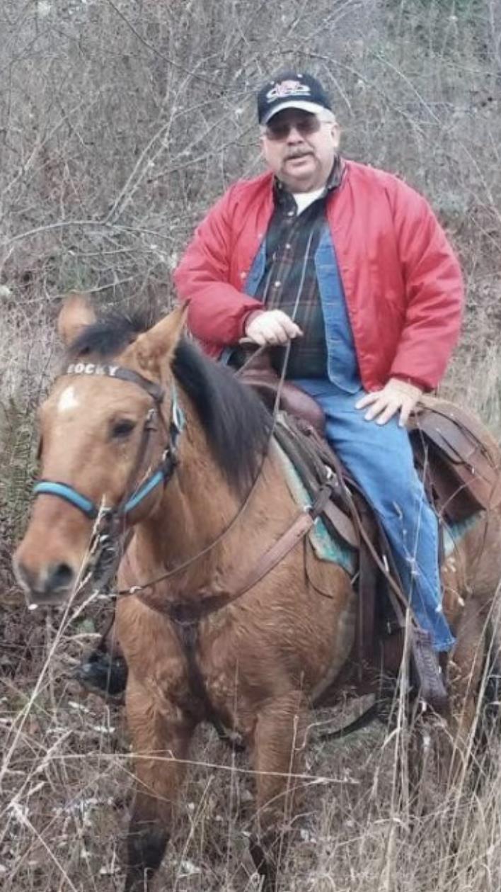 A man wearing a red jacket and cap rides a brown horse through overgrown vegetation.