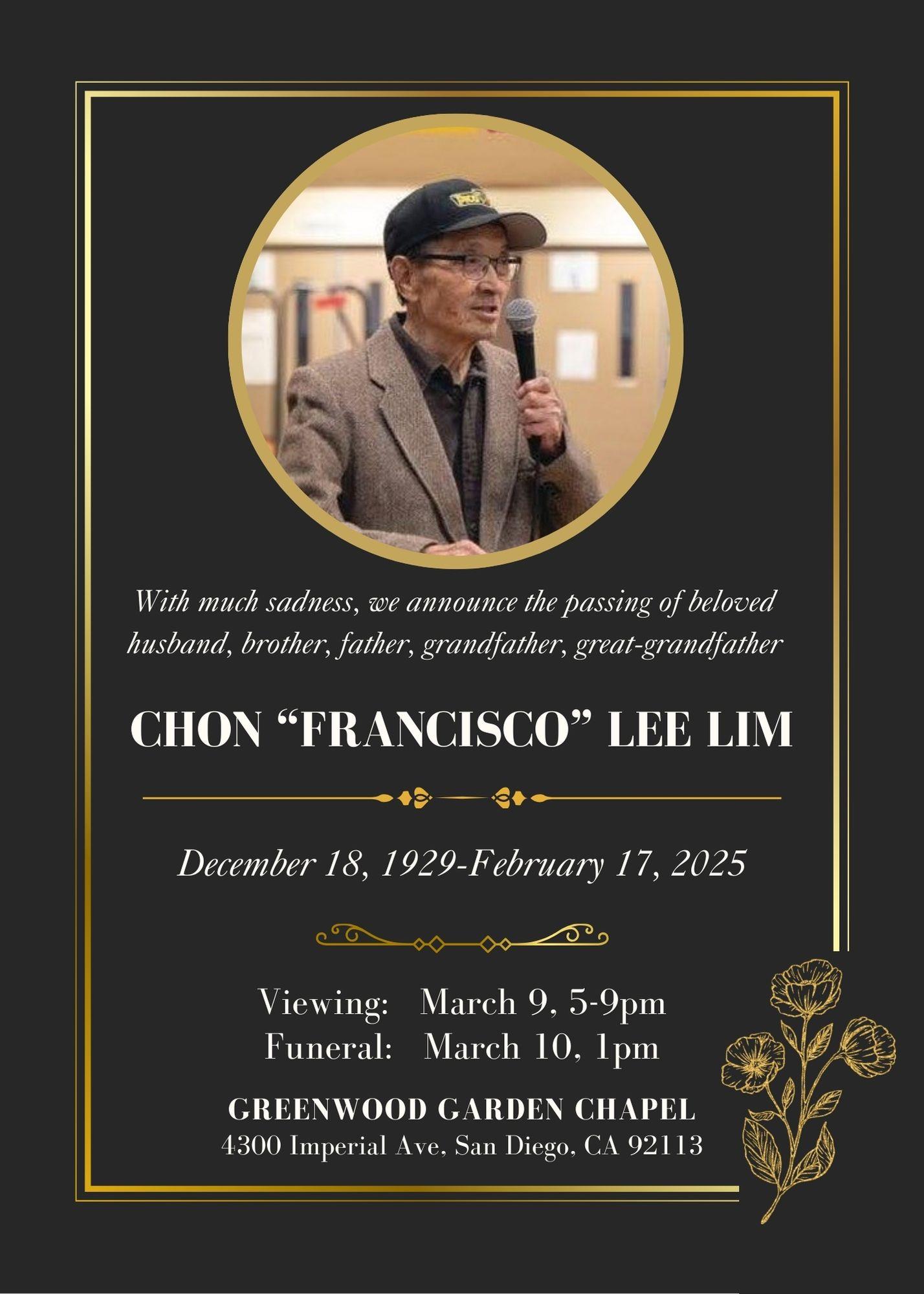 Loved ones gather to honor Chion Francisco Lee Lim at a heartfelt memorial service.