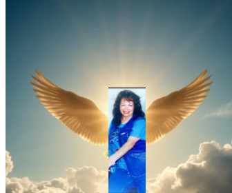 A woman poses confidently, surrounded by bright light and angelic wings in a heavenly backdrop.