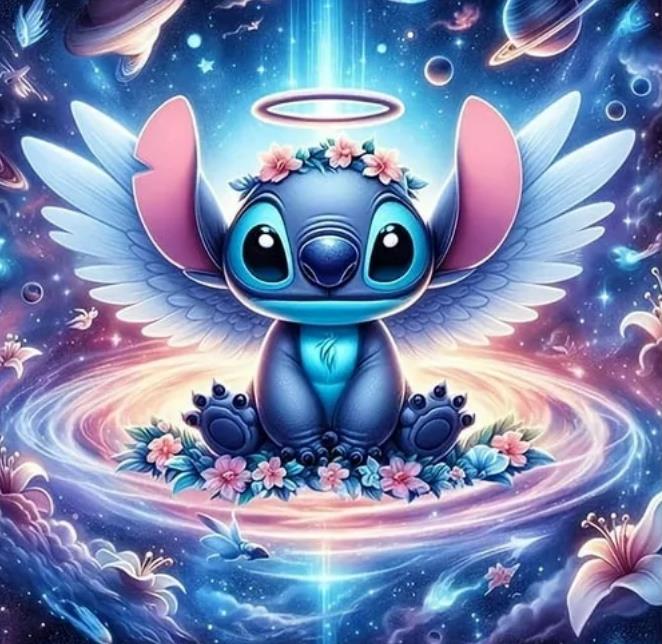 A vibrant winged creature rests in a cosmic landscape filled with planets and flowers.