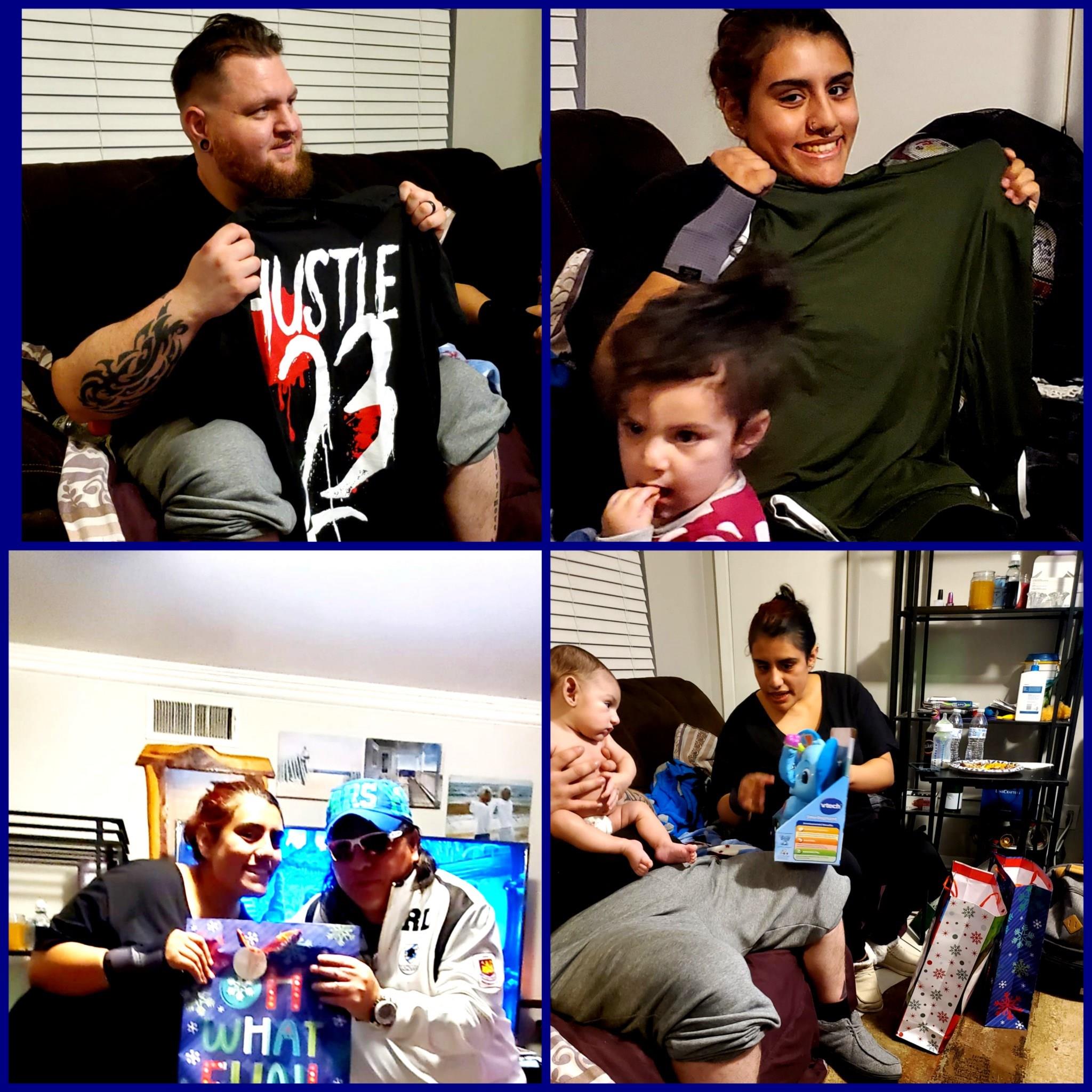 Family members enjoy exchanging gifts and wearing new shirts at a cozy gathering.