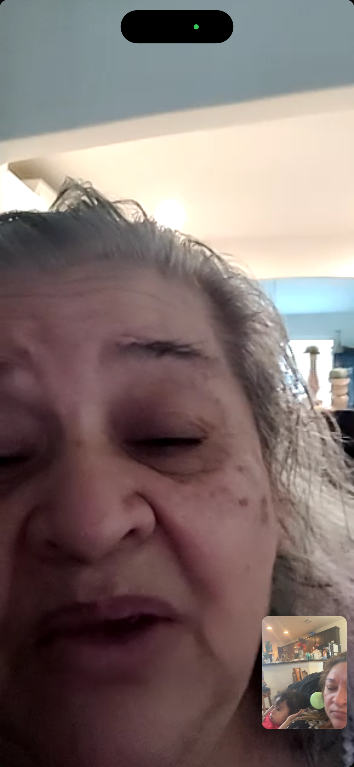An elderly woman has a joyful expression during a video call with loved ones at home.