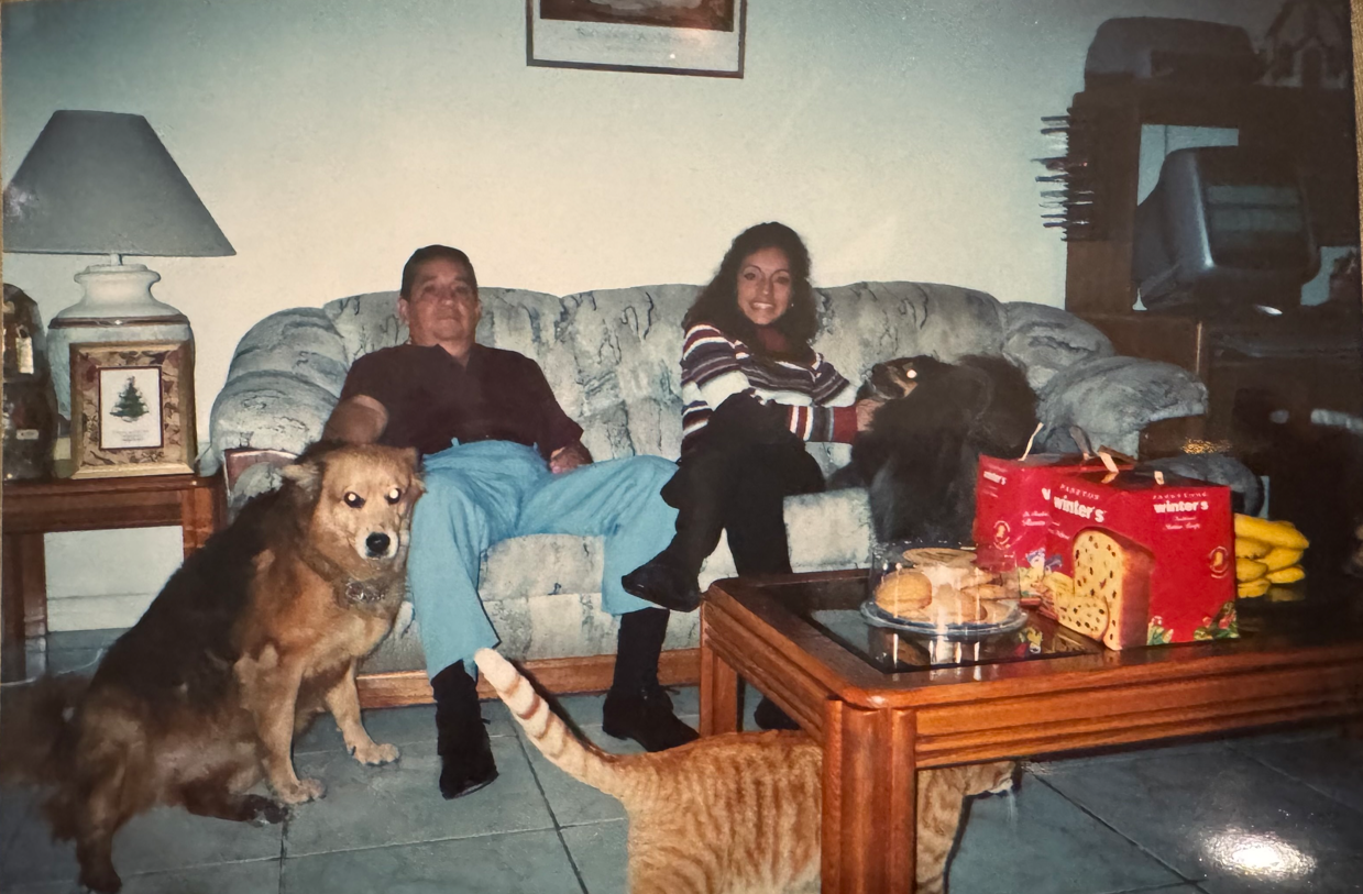 Two people enjoy their time on a sofa while two dogs and a cat relax nearby, surrounded by snacks.
