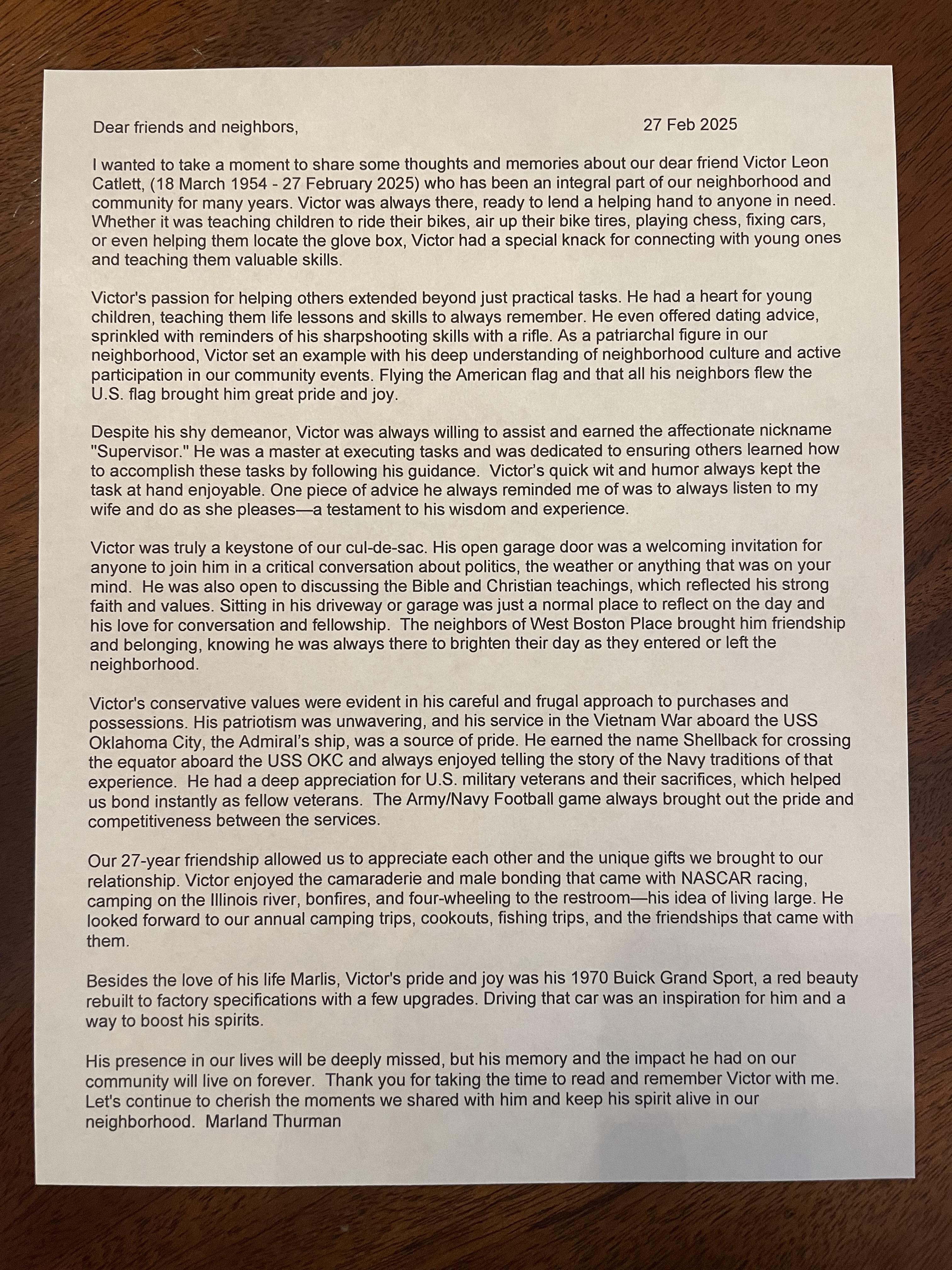 Community remembers Victor Leon Cattet, celebrating his impact on the neighborhood.