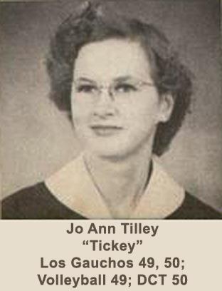 Jo Ann Tilley Tickey displays her high school achievements in volleyball and team sports.