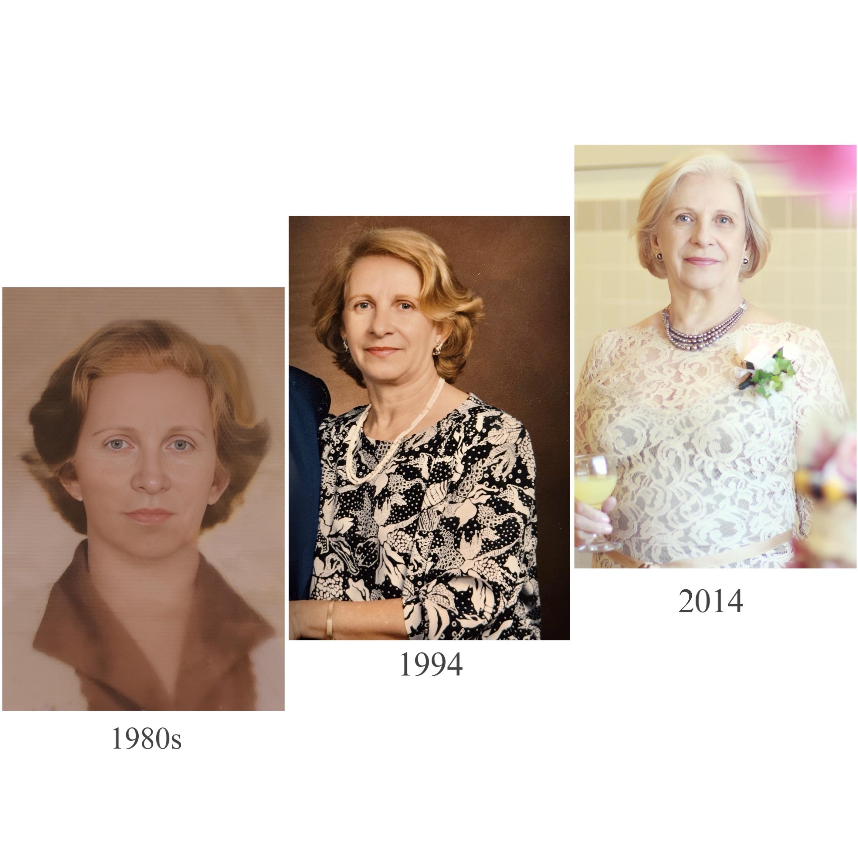 Three portraits show a woman's transformation in age and style from the 1980s to 2014.