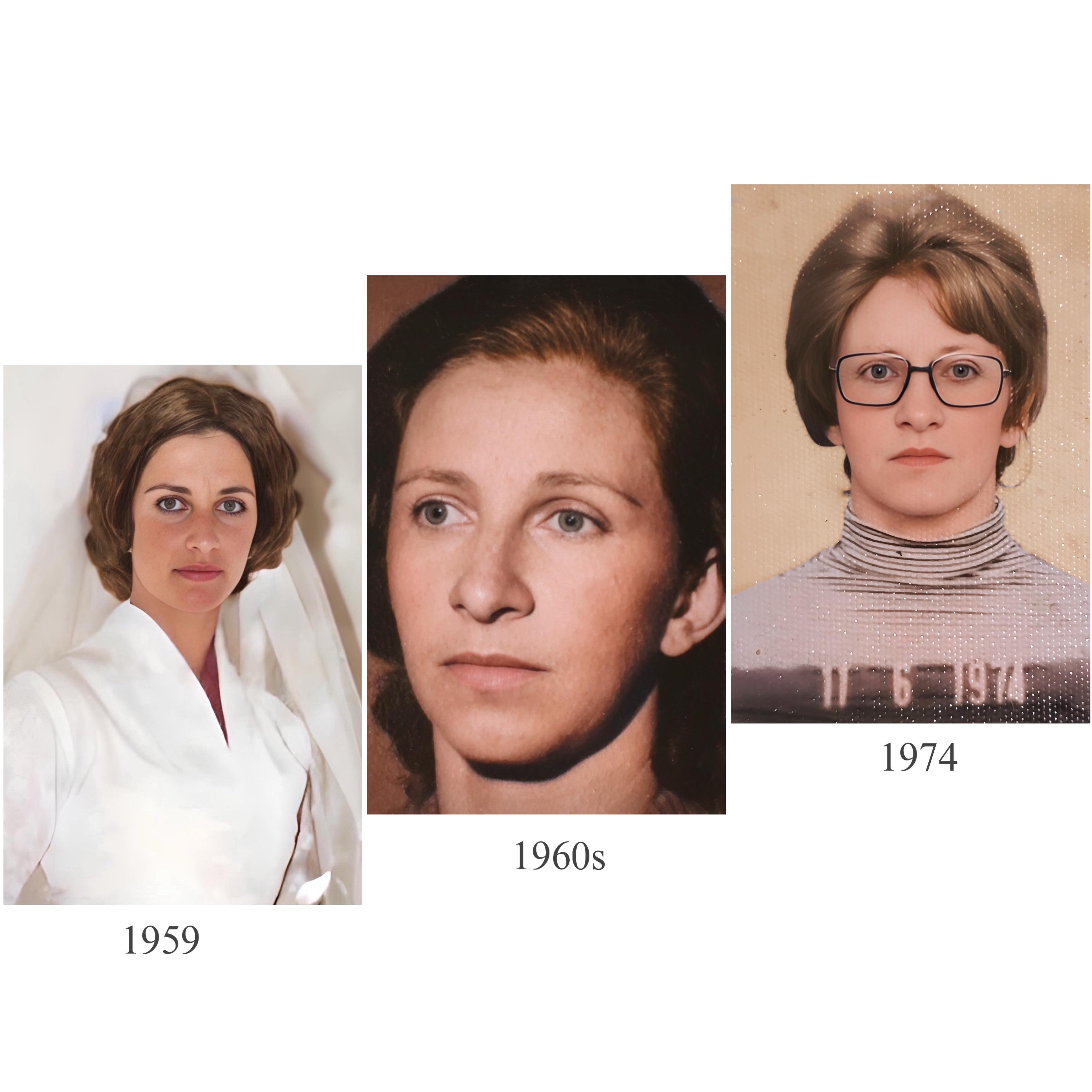 A series of three portraits illustrates a woman's changing appearance from 1959 through the 1970s.