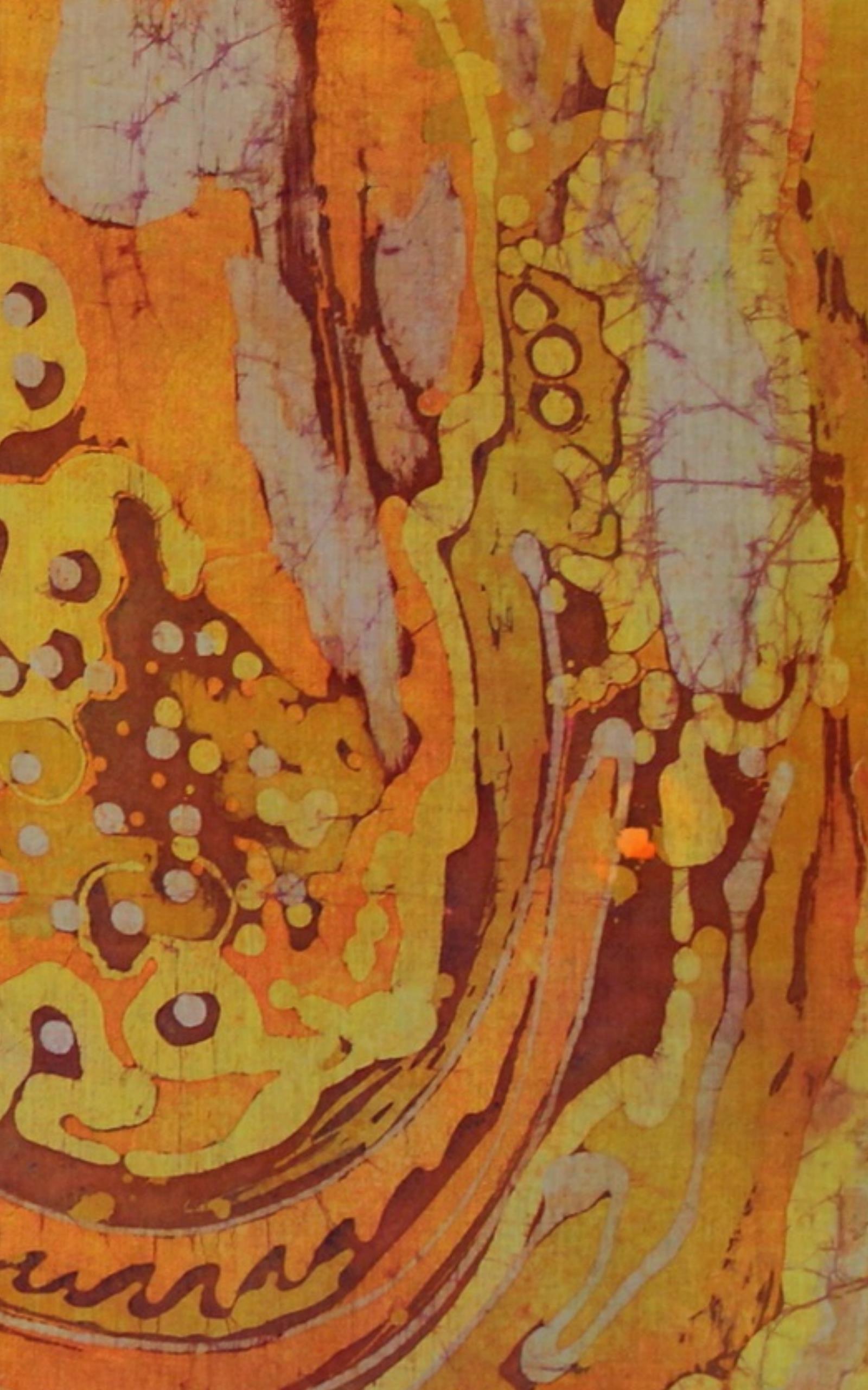 Visual art features bright colors and swirling patterns on a textured surface with bold shapes.