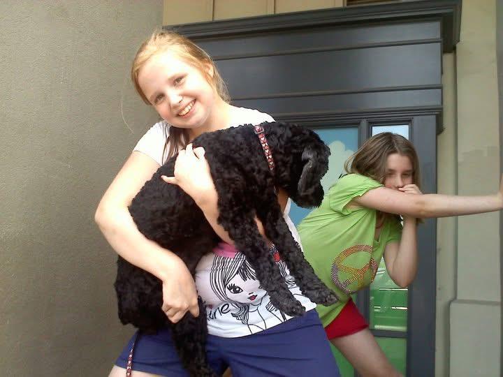 Two girls smile as they play with a black dog on a sunny day outside a building.