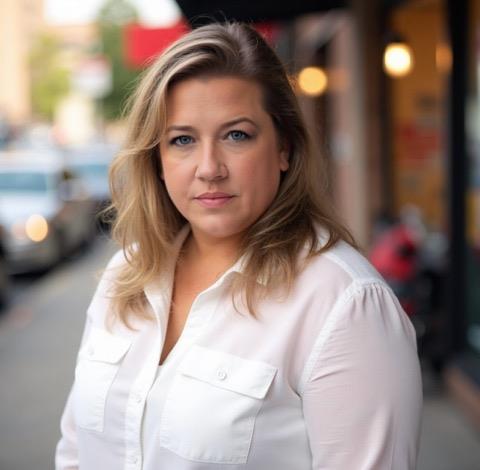 A confident woman in a stylish outfit stands at a busy cafe on a bustling street.