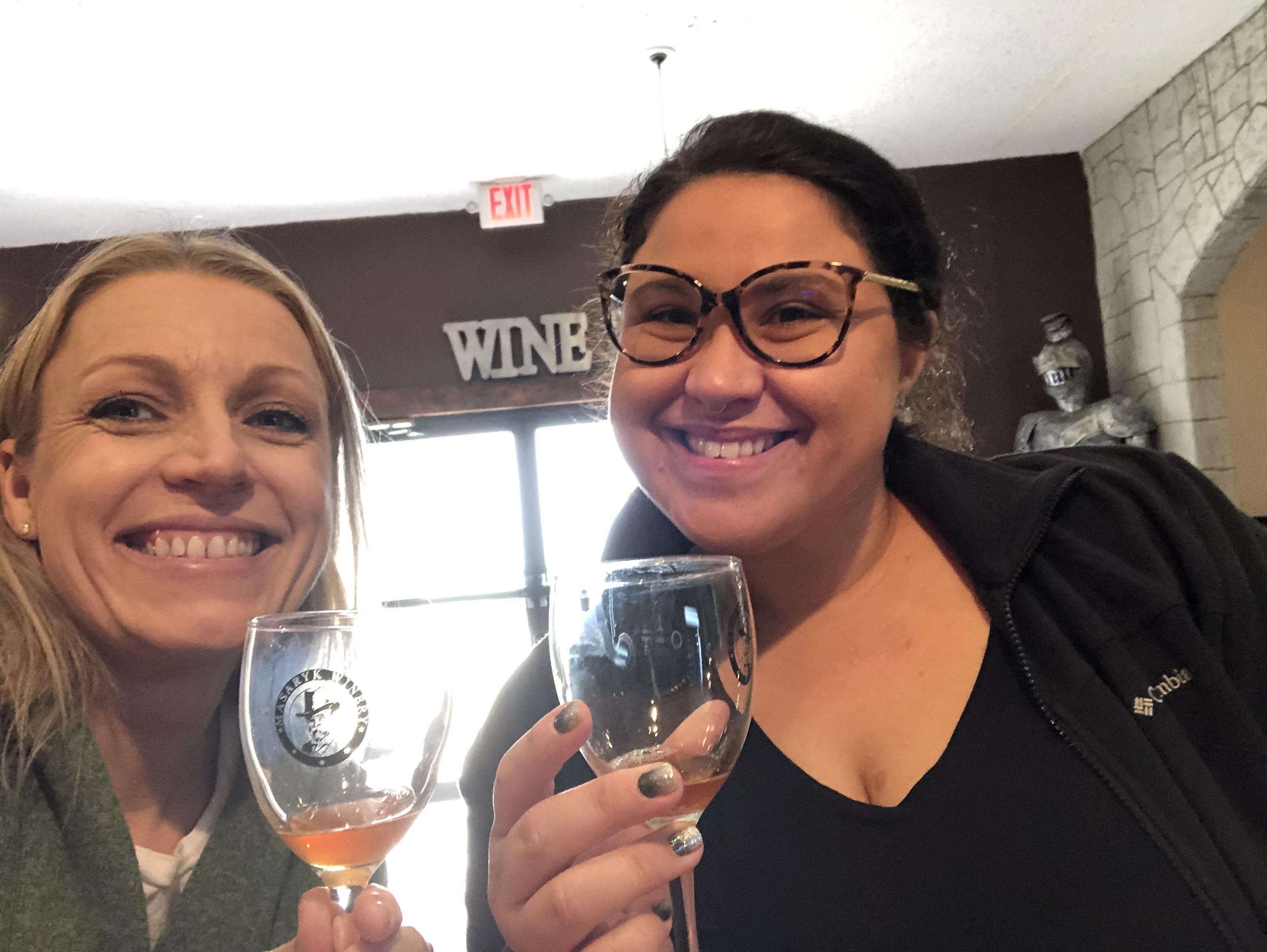 Two friends smile and toast with glasses of wine during a tasting experience together.