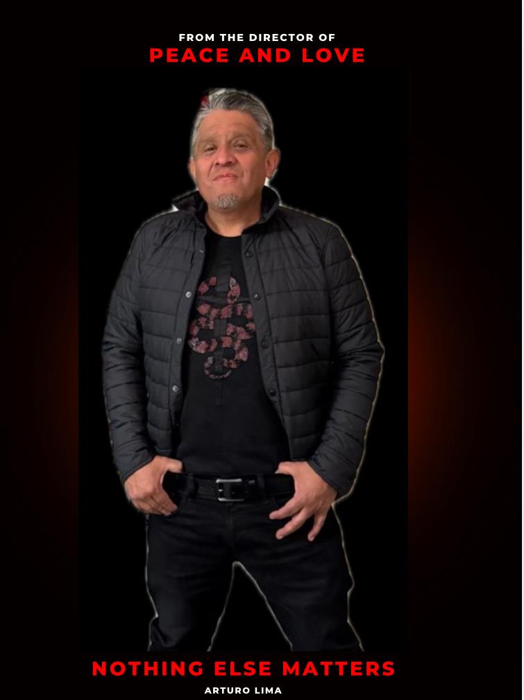 Confident individual in casual black attire showcases striking artwork on their shirt.