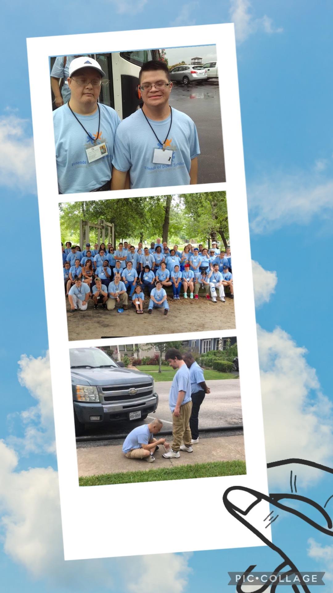 Volunteers wearing matching shirts gather for a community service project while engaging with peers.