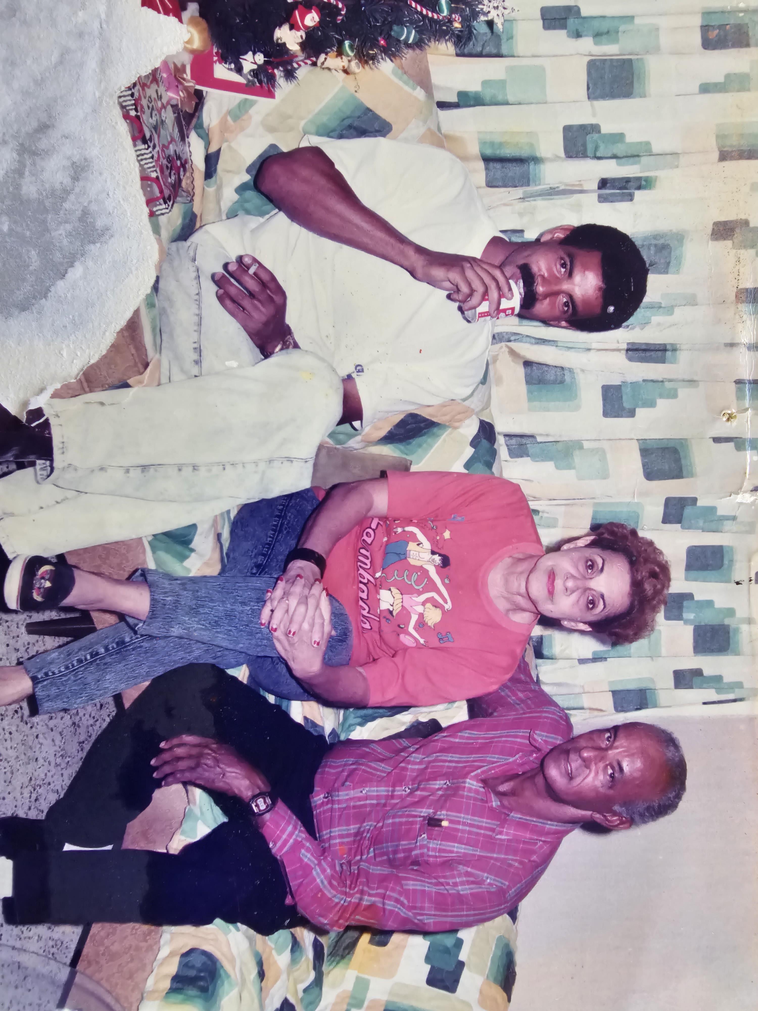 Three family members sit together in a cozy living room adorned for the holidays.