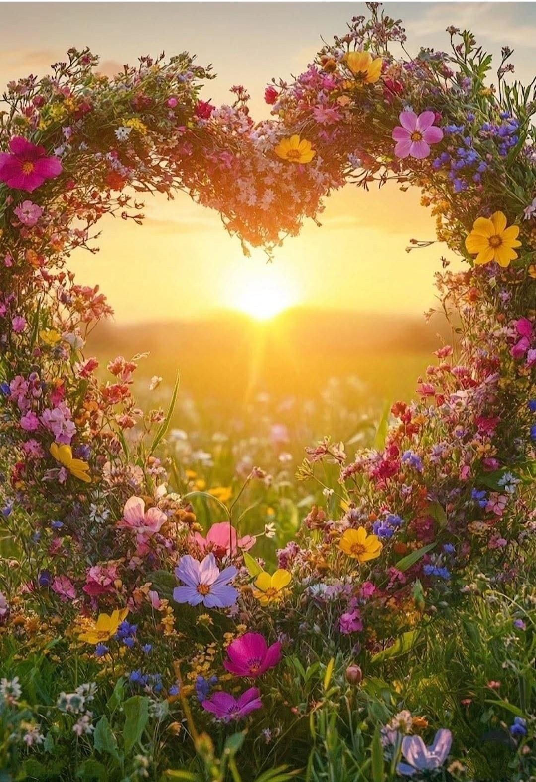 A stunning heart-shaped arrangement of flowers highlights a colorful sunset amid a tranquil meadow.