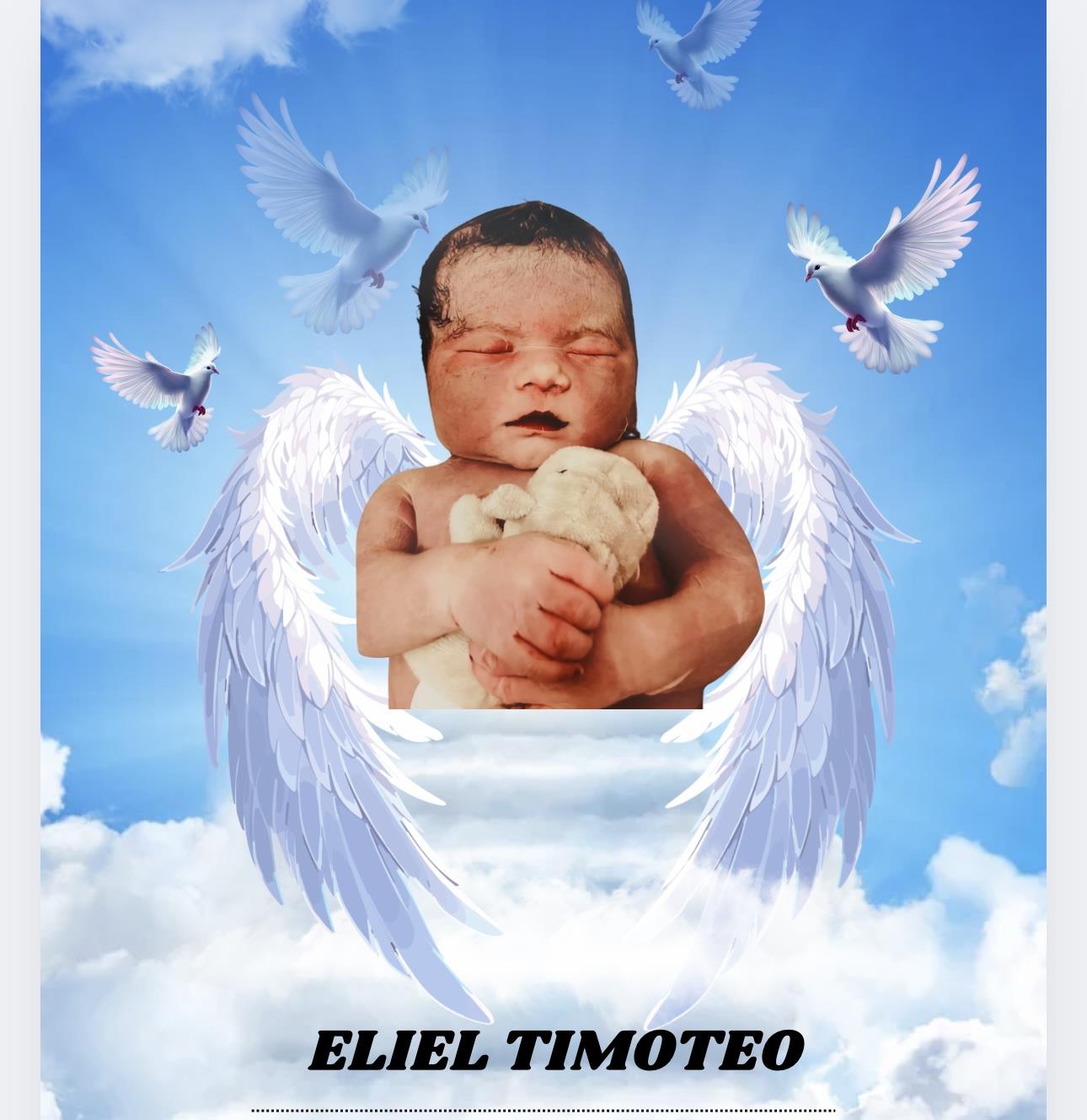 Newborn Eliel Timoteo peacefully holds a teddy bear amid fluffy clouds and doves flying above.
