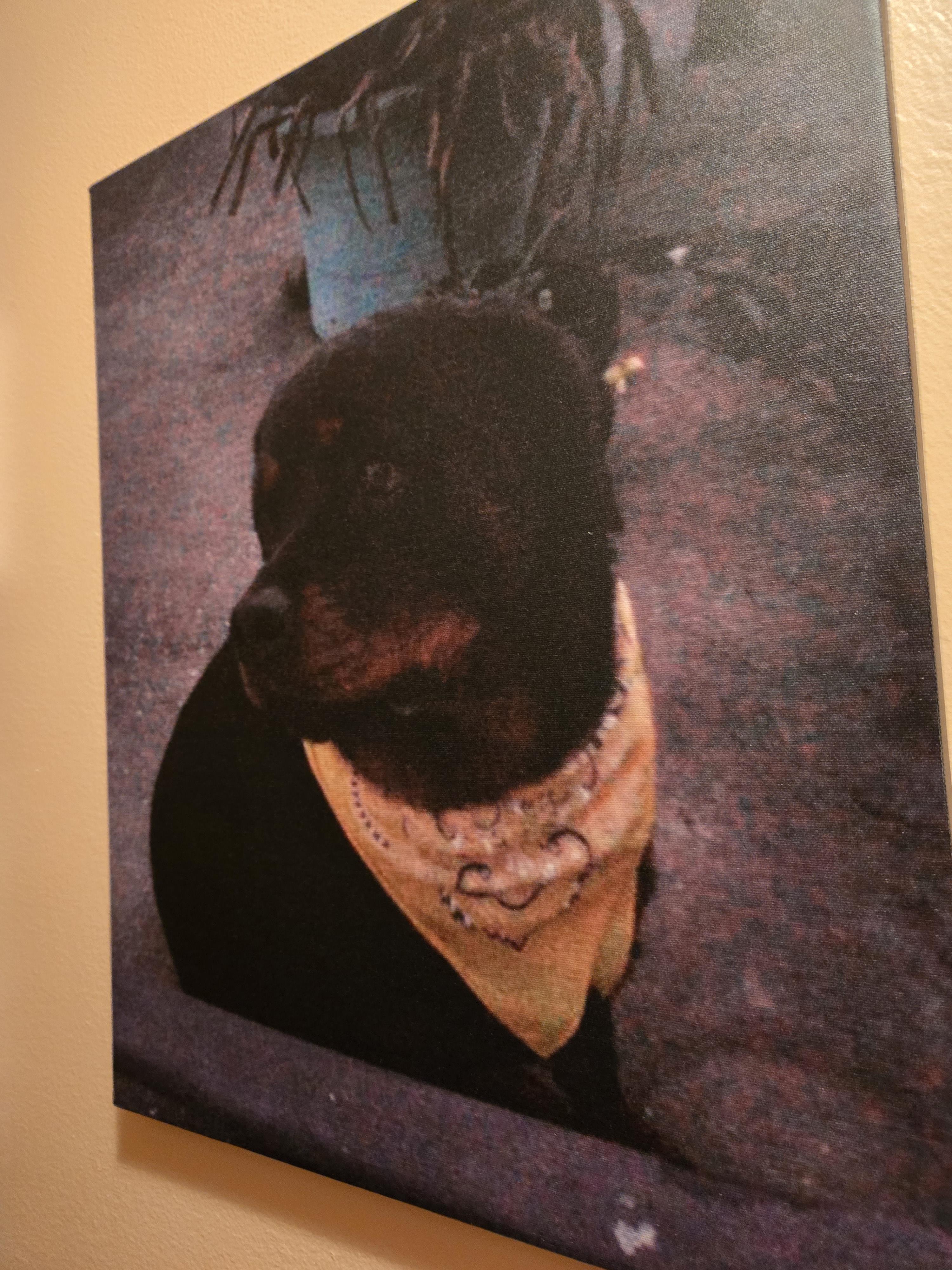 A black dog with a yellow bandana poses beside a potted plant in a cozy indoor environment.