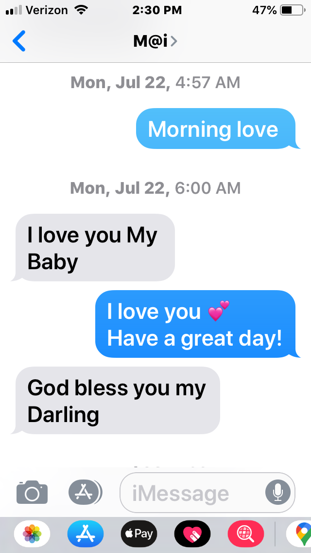 Couple shares affectionate text messages early in the morning with wishes for a wonderful day.