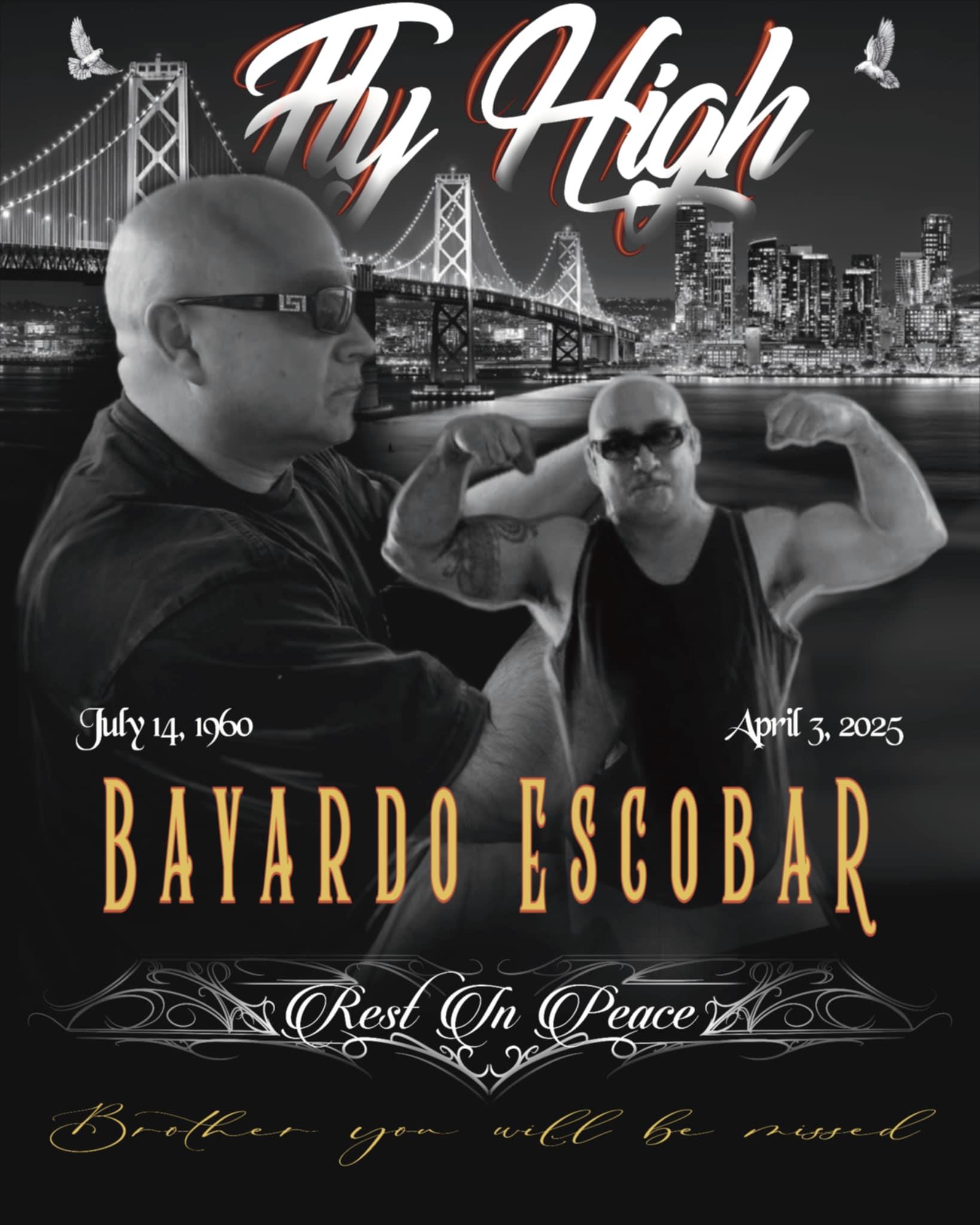 Memorial tribute honoring Bayardo Escobar with elements of city skyline and personal reflection.