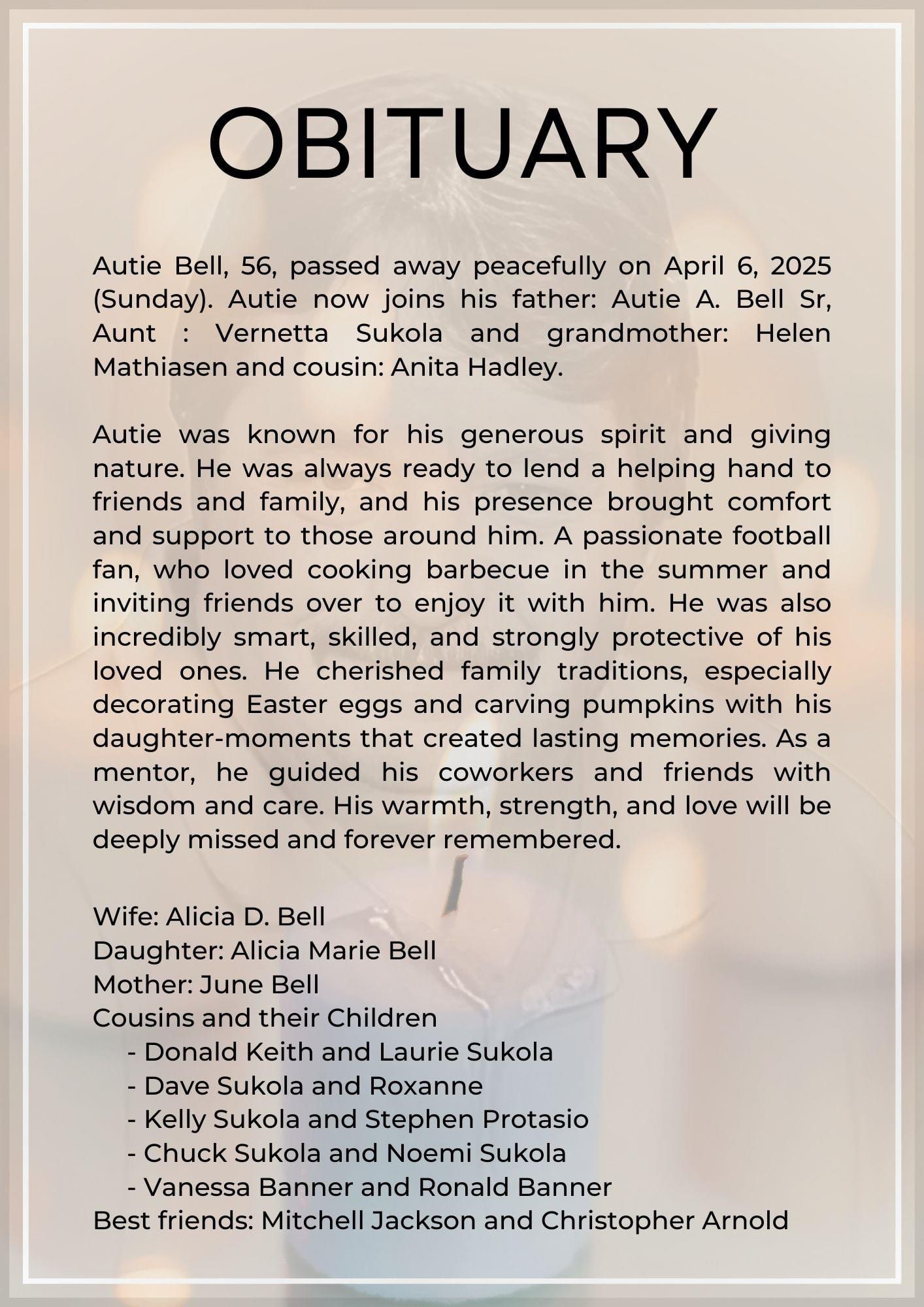 Autie Bell, known for her kindness, passed away peacefully on April 6, 2025.
